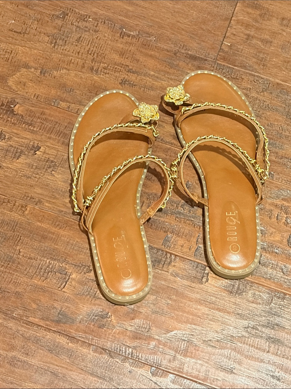 Women's Rouge Helium Tan Slide Sandals with Gold Floral Accent